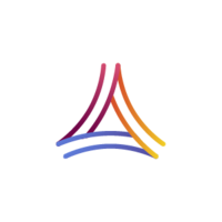  Logo featuring an abstract triangular arch shape formed by curved lines in a gradient from plum to pink on the left to orange and yellow on the right, with two curved blue horizontal lines at the base.
