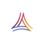   Logo featuring an abstract triangular arch shape formed by curved lines in a gradient from plum to pink on the left to orange and yellow on the right, with two curved blue horizontal lines at the base.