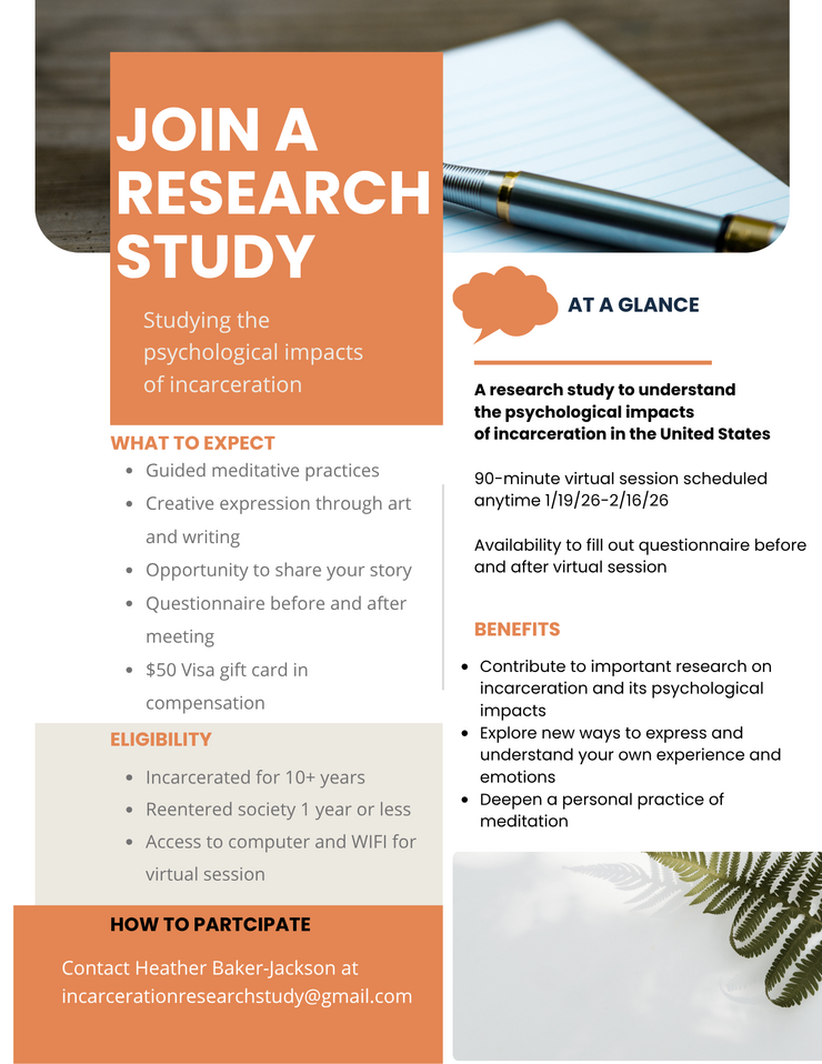 Information about a research study. For questions, the researcher's email is incarcerationresearchstudy@gmail.com